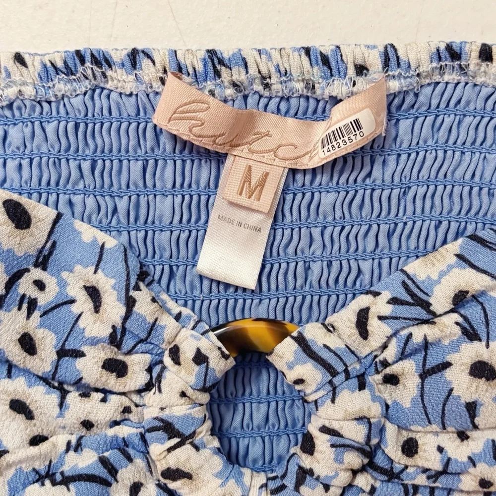 Anthropologie Hutch Cut-Out Puff Sleeve Blouse in Blue & White Floral‎